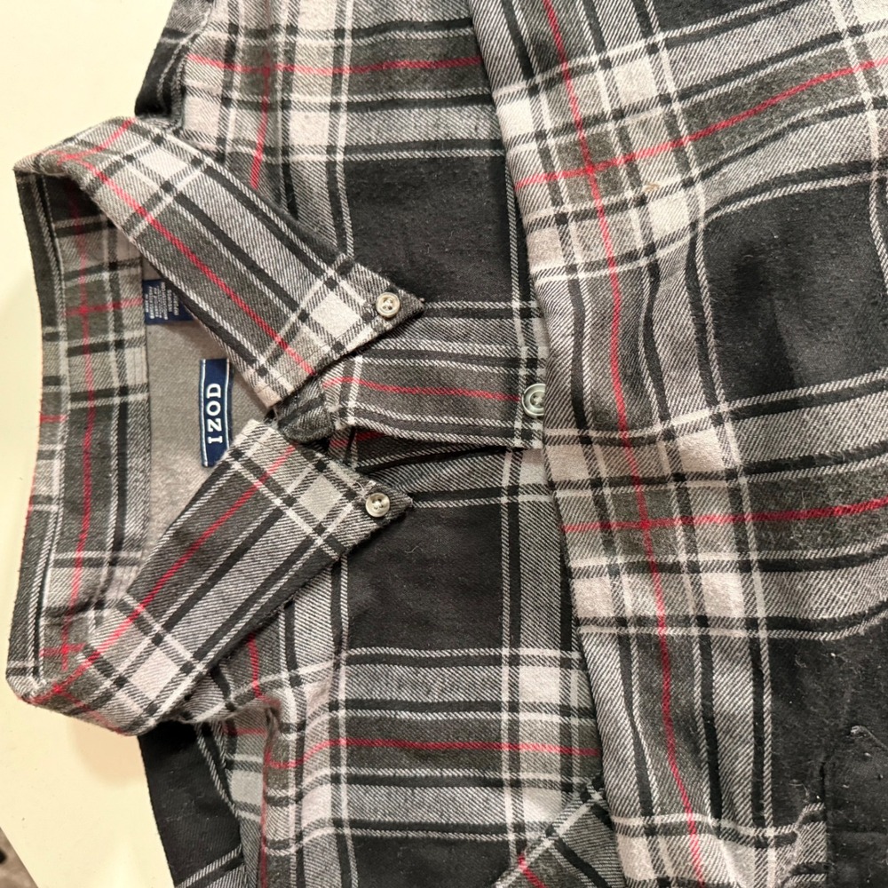 IZOD Mens 2XLT Plaid Flannel Button Down Shirt Black Grey Red Long Sleeve Tall